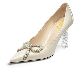 FSJ Pointed Toe Pearl Bows Transparent Heel Pump